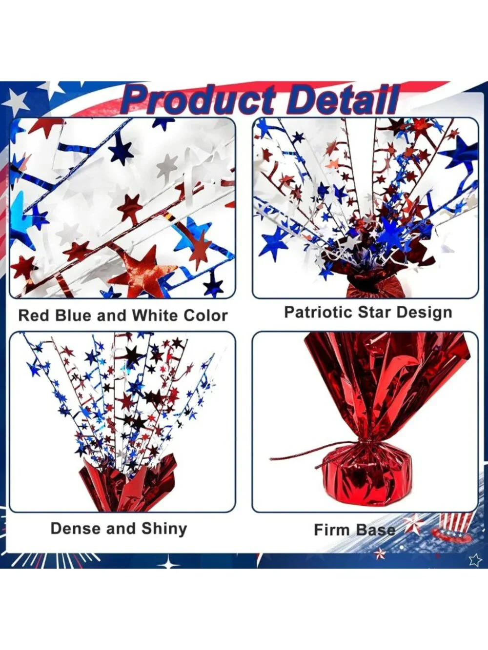 6 Pack Patriotic Table Centerpiece Decorations - Metallic Star Burst for 4th of